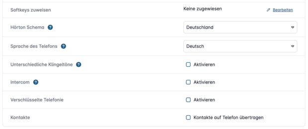 Funktions&uuml;bersicht zur automatischen Endger&auml;te-Konfiguration in der Easybell Cloud Telefonanlage mit Optionen f&uuml;r Sprache, Klingelt&ouml;ne und Intercom